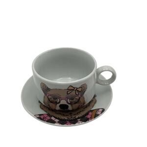 QUEEN WEST Hipster Bear Mug & Saucer Set Whimsical‎ Decorated